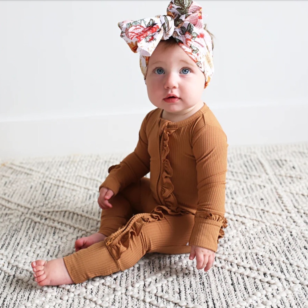 Ribbed Ruffle One-Piece Pajamas - Camel